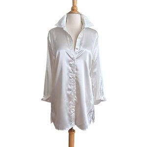 PRINCESS POLLY White Satin Long Sleeve Mini Shirtdress Minimalist Chic Parisian